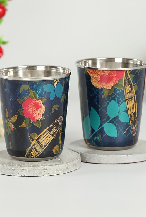 INDIA CIRCUS Floral Lake Inception Small Steel Tumbler - (Set of 2)