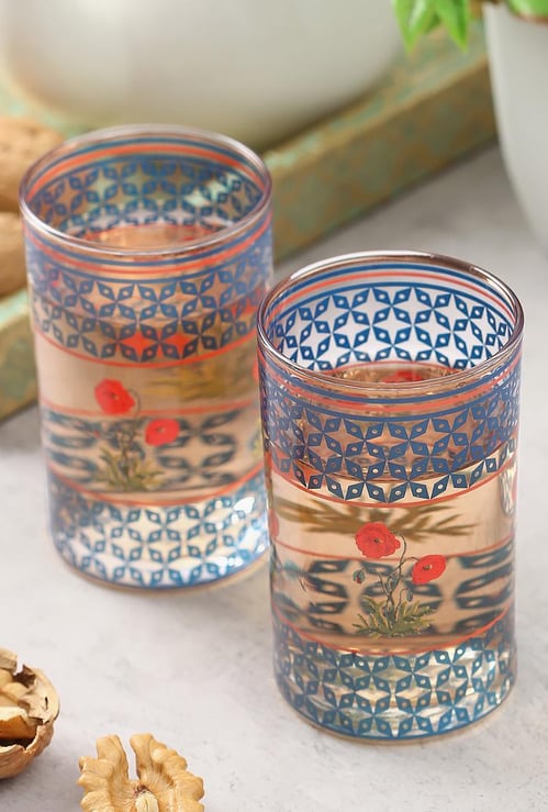 INDIA CIRCUS Flowers and Ferns Small Glass Tumbler - Set of 2