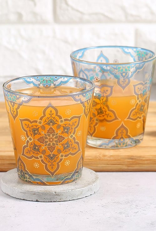 INDIA CIRCUS Printed Classic Floral Star Glass Tumbler- Set of 2