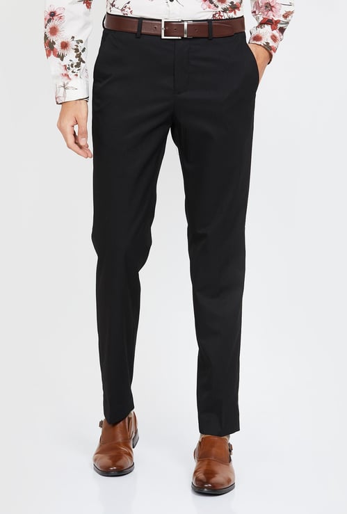 CODE Solid Slim Fit Flat Front Formal Trousers