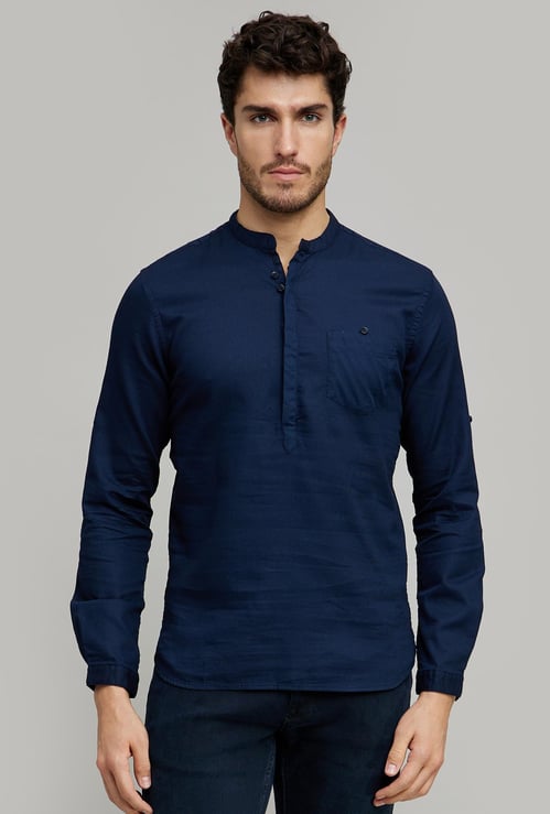 CELIO Solid Linen Mandarin Collar Shirt