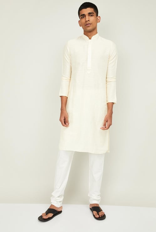 MANYAVAR Men Patterned Band Collar Kurta with Churidar
