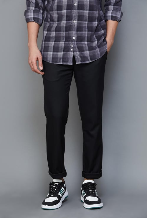V DOT Men Textured Slim Straight Casual Trousers