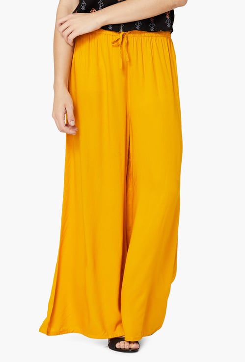 MELANGE Solid Woven Flared Palazzos