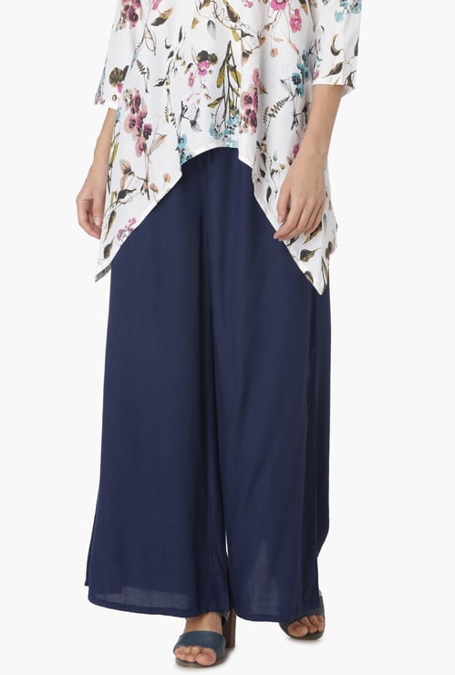 MELANGE Solid Woven Flared Palazzos