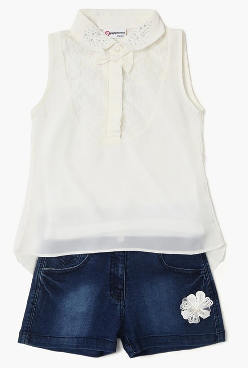 PEPPERMINT Lace Detail Top With Camisole And Denim Shorts