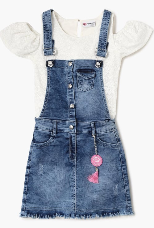 PEPPERMINT Faded Denim Dungaree With Lace Top
