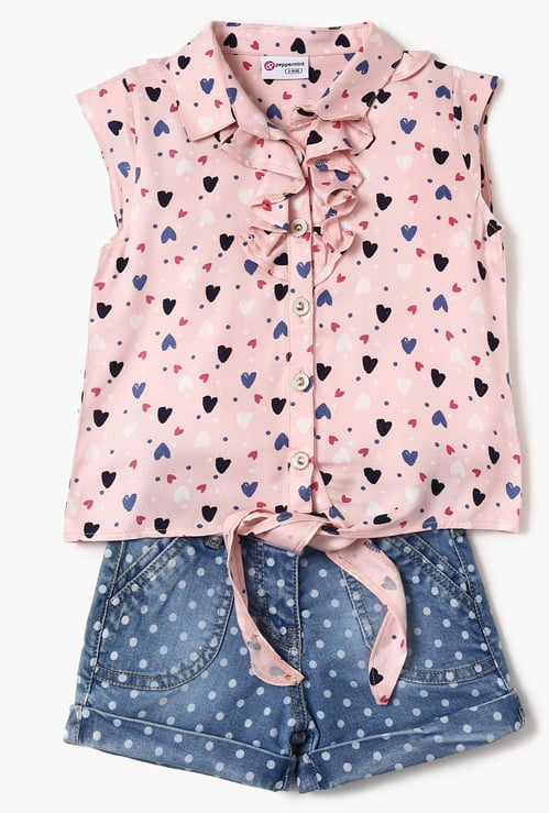 PEPPERMINT Heart Print Top And Denim Shorts Set