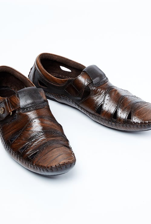 BUCKAROO Genuine Leather Textured Sandals with Cutouts