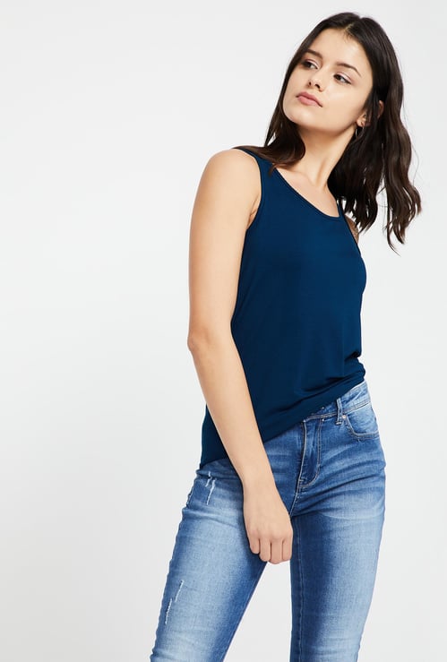 CODE Solid Scalloped Neck Tank Top