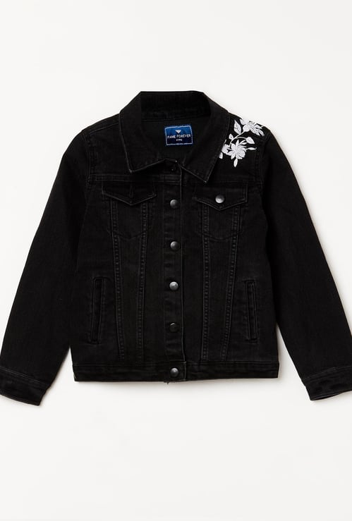 FAME FOREVER Girls Floral Embroidery Denim Jacket