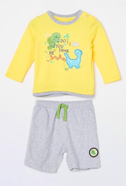 FS MINI KLUB Graphic Print Long Sleeve T-shirt with Melange Shorts