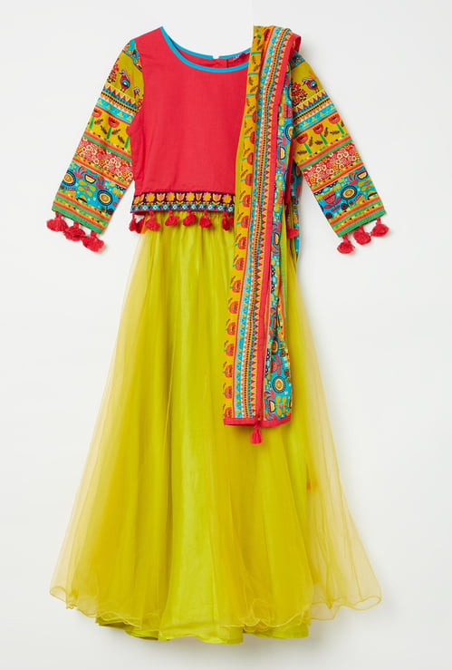 BIBA Printed Tassel Trimmed Top with Lehenga and Dupatta
