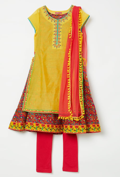 BIBA Embroidered Layered Kurta with Churidar and Dupatta