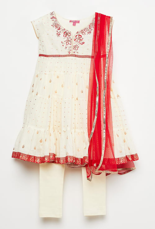 BIBA Embroidered Neck Flared Kurta with Churidar and Dupatta