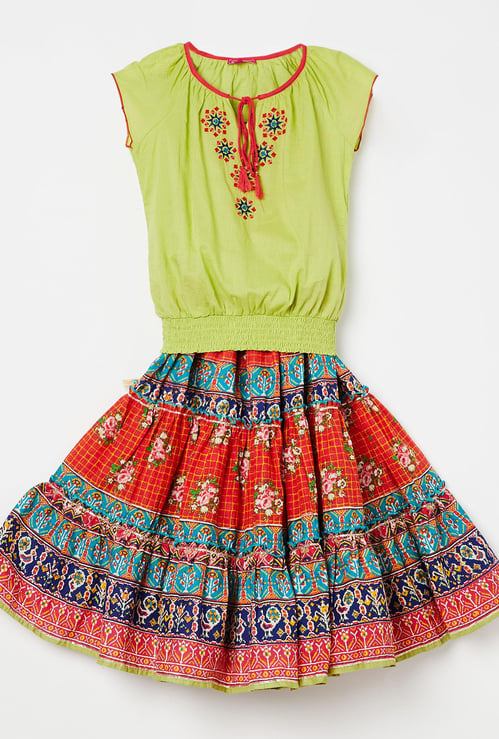 BIBA Embroidered Raglan Sleeve Top with Printed Skirt