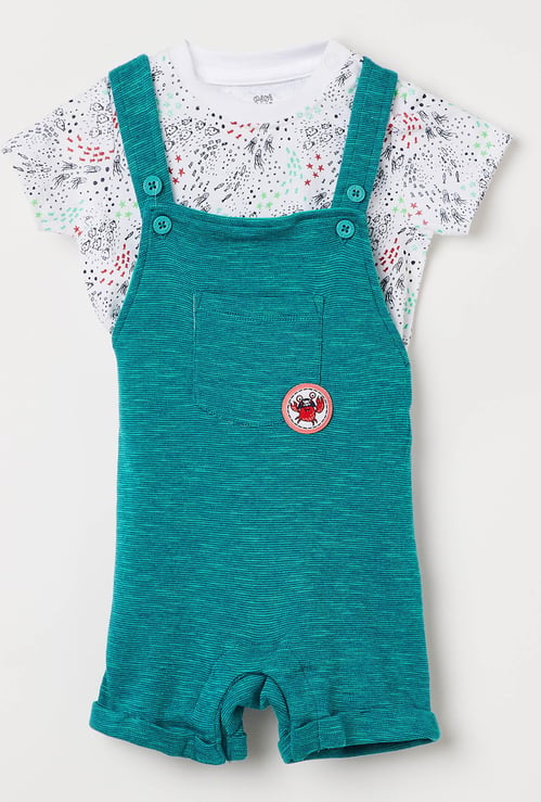 FS MINI KLUB Slub Dungaree with Printed T-shirt - Set of 2 Pcs.