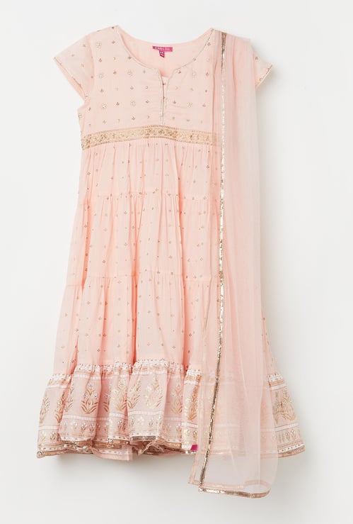 BIBA Embellished Flared Kurta with Churidar and Dupatta