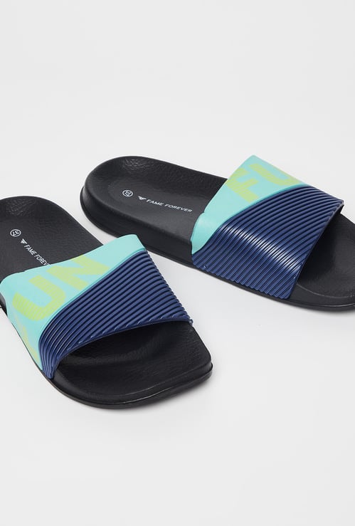 FAME FOREVER Typographic Print Striped Slip-Ons