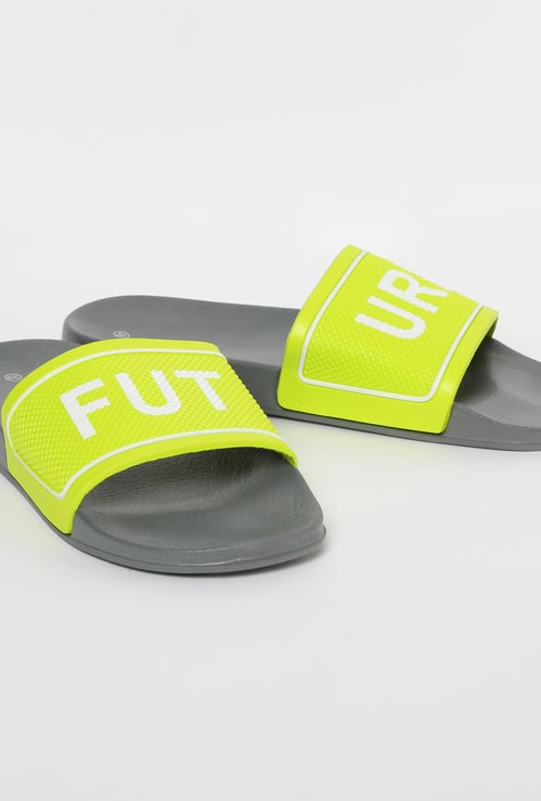 FAME FOREVER Typographic Print Textured Slippers