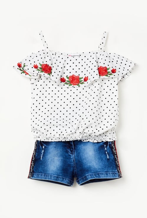 PEPPERMINT Cold-Shoulder Blouson Top with Denim Shorts