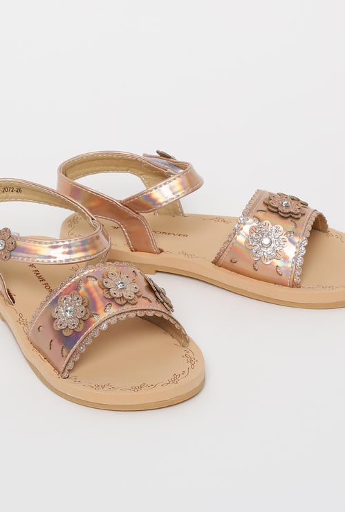 FAME FOREVER Shimmery Flat Sandals with Floral Applique