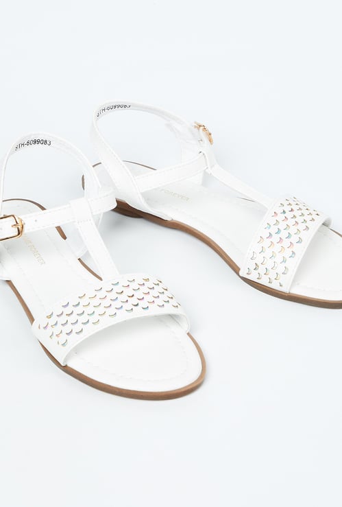 FAME FOREVER Scallop Textured Ankle Strap Flats