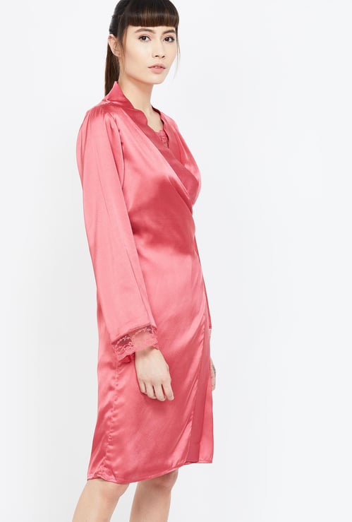 GINGER Solid Night Robe with Lace Trim