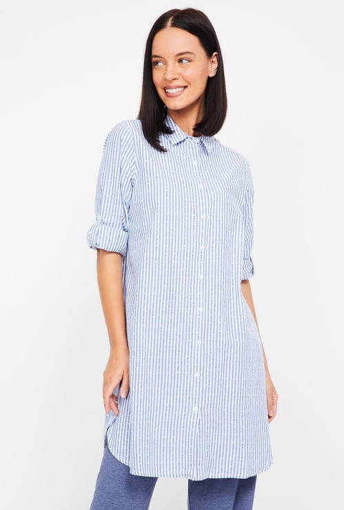 GINGER Roll-Up Sleeves Striped Lounge Shirt