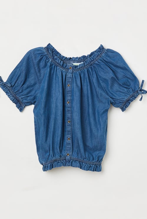 BOSSINI Women Solid Denim Blouson Top with Button Placket
