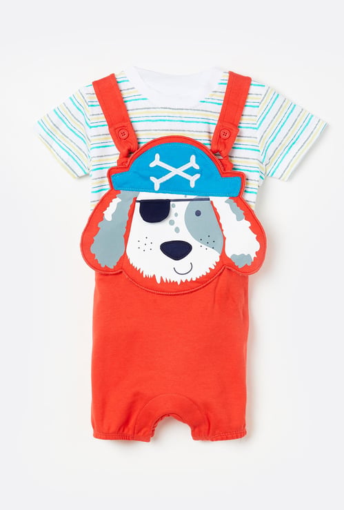FS MINI KLUB Printed Dungaree with a Striped T-shirt