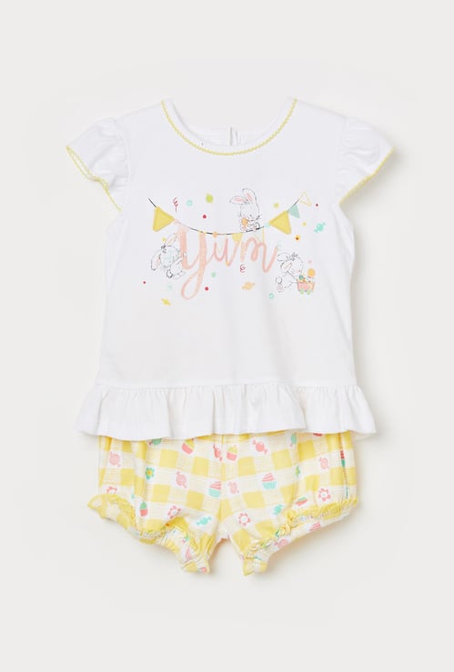 FS MINI KLUB Girls Graphic Print Top with Knotted Shorts