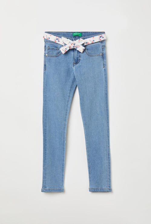 UNITED COLORS OF BENETTON Girls Stonewashed Slim Fit Jeans with Belt