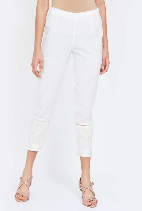 W Solid Cropped Straight Pants with Embellished Hems