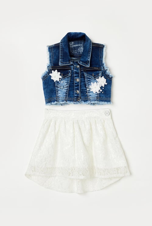 PEPPERMINT Girls Embellished Denim Jacket with A-line Skirt