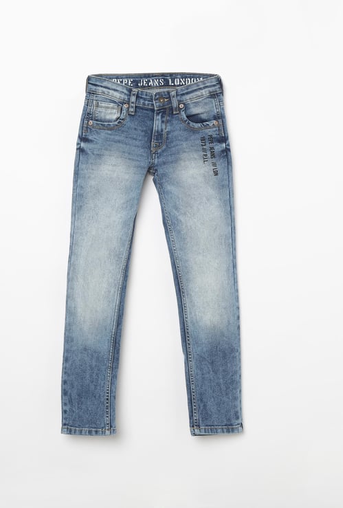 PEPE JEANS Stonewashed Slim Fit Jeans with Print Detail