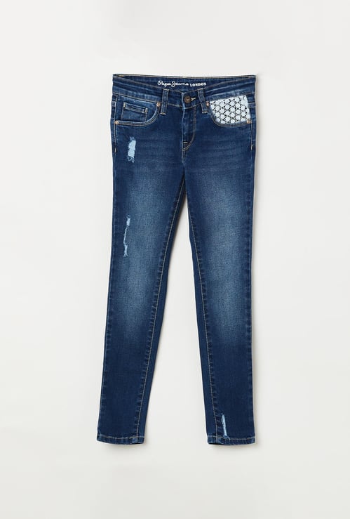PEPE JEANS Girls Dark Washed Distressed Slim Fit Jeans