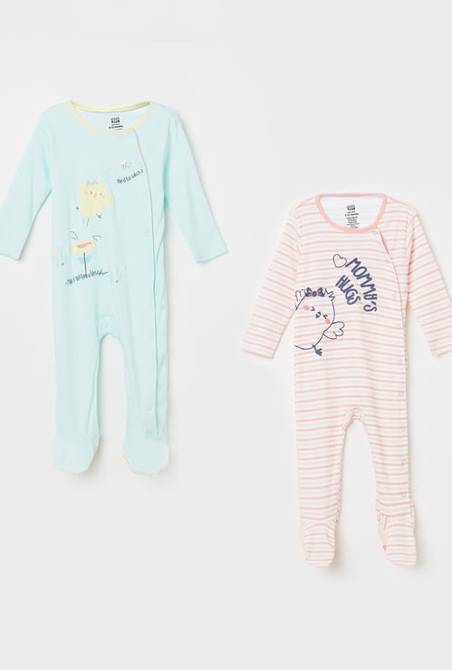 FS MINI KLUB GirlsTypographic Print Striped Sleepsuits - Pack of 2 Pcs.