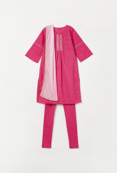 BIBA Girls Embellished Full Sleeves Kurta with Solid Churidar and Dupatta