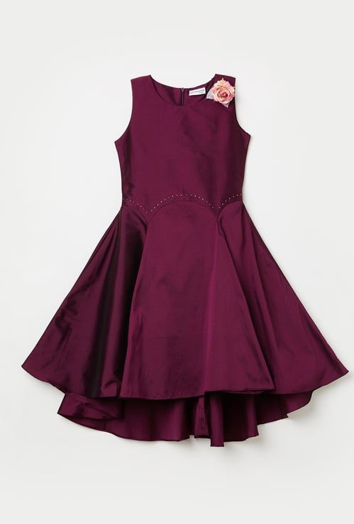 PEPPERMINT Girls Solid Fit-and-Flare Dress with Rosette Accent