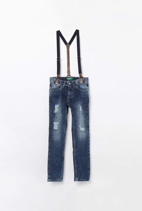 UNITED COLORS OF BENETTON Dark Washed Distressed Jeans with Suspenders
