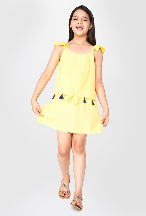 GLOBAL DESI Girls Solid Tassel Trimmed Shift Dress
