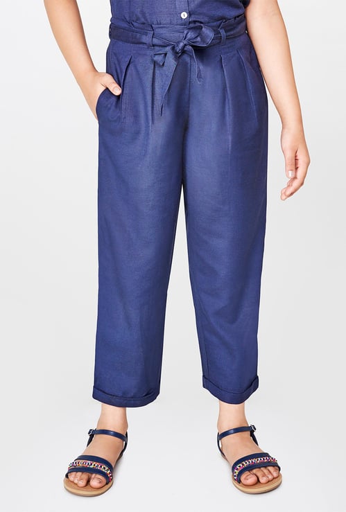 GLOBAL DESI Solid Pleat-Front Pants with Sash Tie-Up