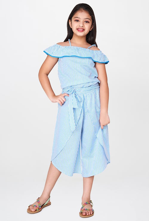 GLOBAL DESI Striped Cold-Shoulder Cropped Jumpsuit