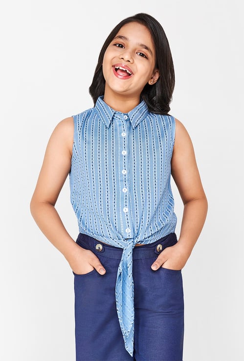 GLOBAL DESI Printed Sleeveless Shirt with Tie-Up Hemline