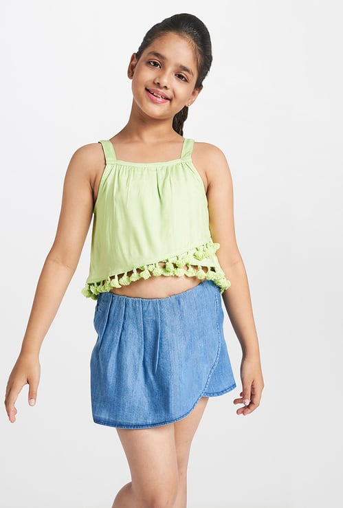 GLOBAL DESI Girls Tasselled Spaghetti Crop Top