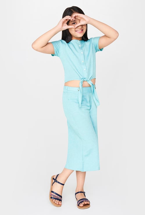 GLOBAL DESI Solid Casual Shirt with Tie-Up Hemline