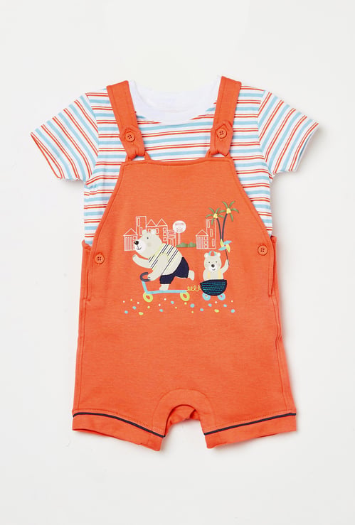 MINI KLUB Boys Printed Dungarees with Striped T-shirt