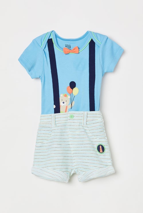 FS MINI KLUB Boys Printed Bodysuit and Striped Shorts