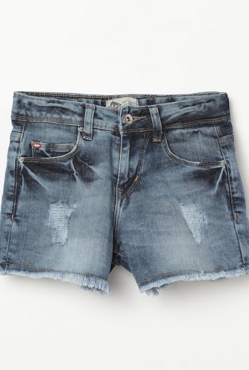 LEE COOPER JUNIORS Heavily-Washed Distressed Denim Shorts